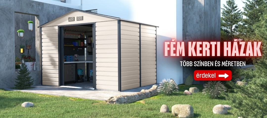 Fém kerti tároló a praktikus kerti tároláshoz, kertészkedő hölgy, zöld gyep, gyönyörű kert, kerti szerszám a kerti tárolóban | Kertihobbi webáruház