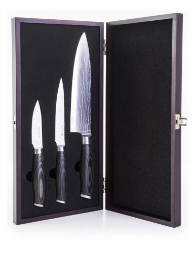 G21 Gourmet Damascus késkészlet bambusz blokkban 4 db + köszörűkő