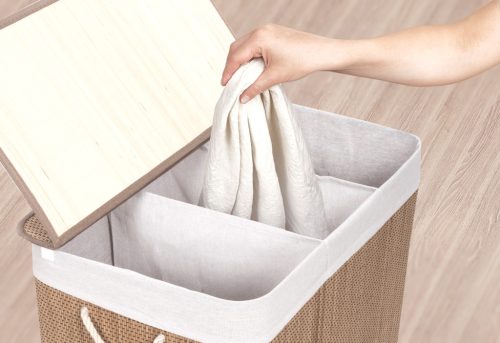 G21 bambusz szennyeskosár,150 l kapacitású, fehér betéttel, elválasztó elemekkel