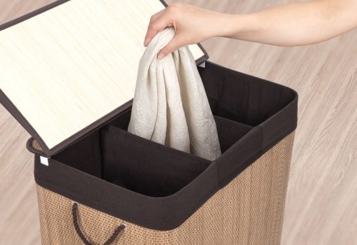G21 bambusz szennyeskosár,150 l kapacitású, barna betéttel, elválasztó elemekkel