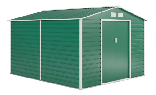 Kerti tároló ház kb. 3,1 X 2,7 méter alapterület, fém, zöld, G21