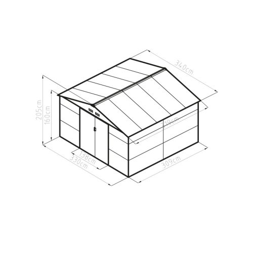 Kerti tároló ház kb. 3,3 X 3,1 méter alapterület, fém, szürke, GAH1085 G21 63900571