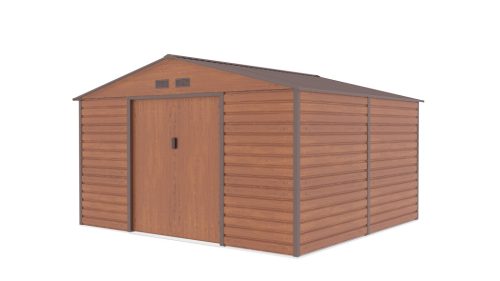 G21 GAH 1085 barna famintás fém kerti tároló ház, kb. 3,3 X 3,1 méter alapterület