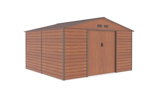 G21 GAH 1085 barna famintás fém kerti tároló ház, kb. 3,3 X 3,1 méter alapterület