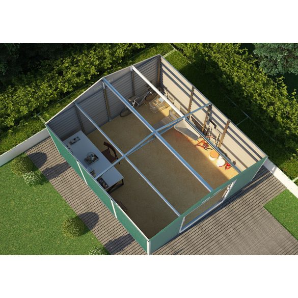 Kerti tároló ház kb. 3,8 X 3,3 méter alapterület, fém, zöld, G21