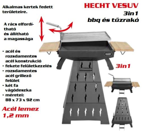 HECHT VESUV Faszenes kerti grill, BBQ+tTŰZRAKÓ+GRILL, 3IN1