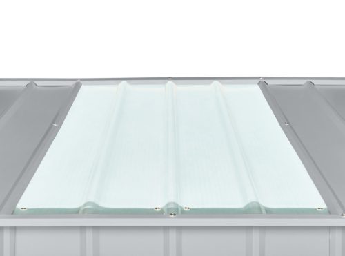 Kerti szerszámtároló ház kb. 1,8x1,5 méter alapterület, fém, ezüst szürke színű, GLOBEL65+napfénytető