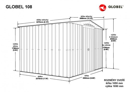 Kerti szerszámtároló ház kb. 3x2,4 méter alapterület, fém, ezüst szürke színű, GLOBEL108+napfénytető