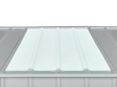 Kerti szerszámtároló ház kb. 3x2,4 méter alapterület, fém, ezüst szürke színű, GLOBEL108+napfénytető