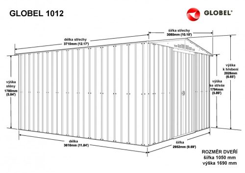 Kerti szerszámtároló ház kb. 3x3,6 méter alapterület, fém, ezüst szürke színű, GLOBEL1012+napfénytető