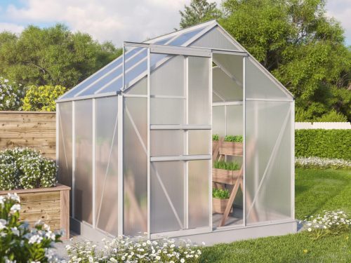 VITAVIA TARGET 3800 PC Alumínium üvegház,193x195cm, ezüst színű, 1x tetősz. ablak, polikarbonát 4 mm, horganyzott alap, terület 3,76 m2.