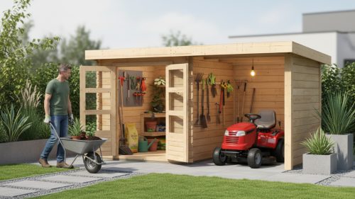 fából készült kerti ház KARIBU BASTRUP 2 + egy menedéket 200 cm a hát-és oldalfalakkal együtt (73314) natur LG2944