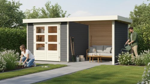 fából készült kerti ház KARIBU ASKOLA 3 + egy menedéket 240 cm (82923) terragrau LG3235