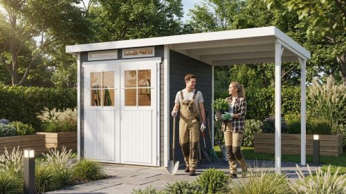 fából készült kerti ház KARIBU GLÜCKSBURG 2 + egy menedéket 190 cm (83230) terragrau LG3490