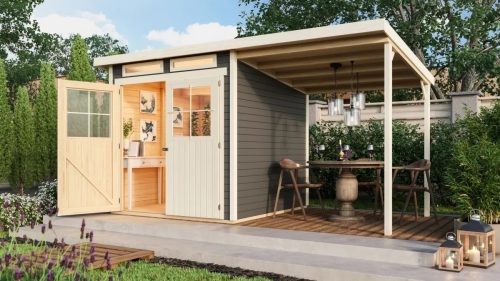 fából készült kerti ház KARIBU GLÜCKSBURG 3 + egy menedéket 190 cm (68769) terragrau LG3495