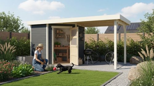 fából készült kerti ház KARIBU SCHWANDORF 3 + egy menedéket 240 cm (77739) terragrau LG3892
