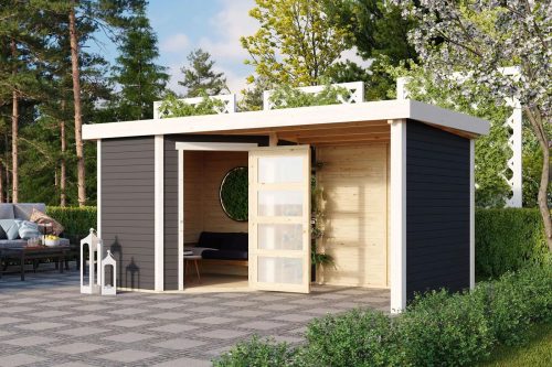 fából készült kerti ház KARIBU SCHWANDORF 3 + menedékház hátsó és oldalfalakkal 240 cm (77741) terragrau LG3896