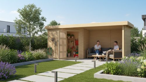 fából készült kerti ház KARIBU SCHWANDORF 3 + menedékhely 280 cm hátsó és oldalfalakkal együtt (77744) natur LG3901