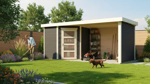 fából készült kerti ház KARIBU SCHWANDORF 3 + menedékhely 280 cm hátsó és oldalfalakkal együtt (77745) terragrau LG3902