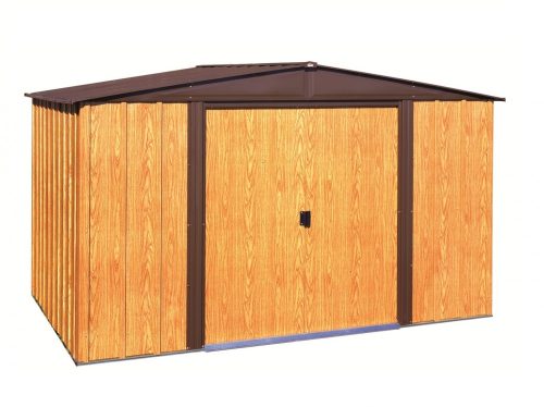 Kerti szerszámtároló ház kb. 3x3,5 méter alapterület, fém, famintázatú barna színű, ARROW WOODLAKE 1012