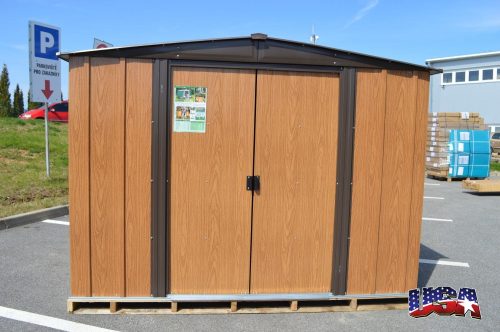 Kerti szerszámtároló ház kb. 3x3,5 méter alapterület, fém, famintázatú barna színű, ARROW WOODLAKE 1012