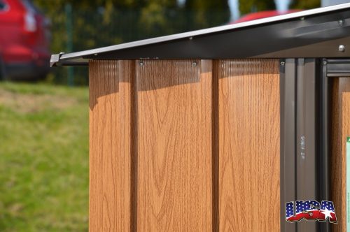 Kerti szerszámtároló ház kb. 3x3,5 méter alapterület, fém, famintázatú barna színű, ARROW WOODLAKE 1012