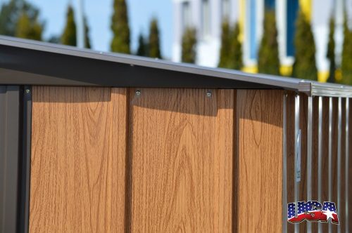 Kerti szerszámtároló ház kb. 3x3,5 méter alapterület, fém, famintázatú barna színű, ARROW WOODLAKE 1012